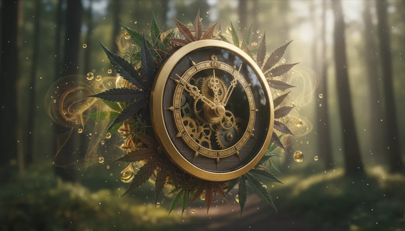 Une horloge stylisée avec des aiguilles au ralenti, entourée de feuilles de chanvre, évoquant la gestion du temps et la durée des effets du CBD.
