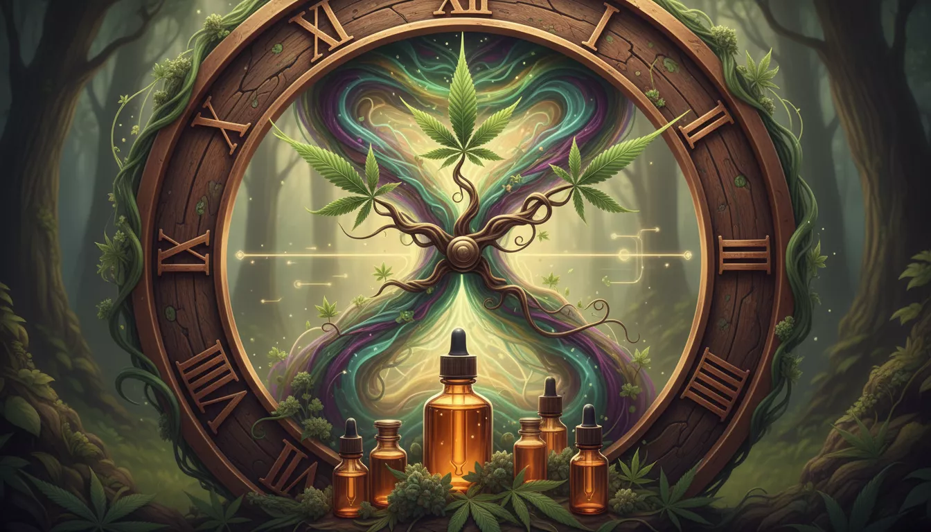 Une horloge stylisée avec des aiguilles se transformant en feuilles de chanvre, illustrant le temps et les effets du CBD.