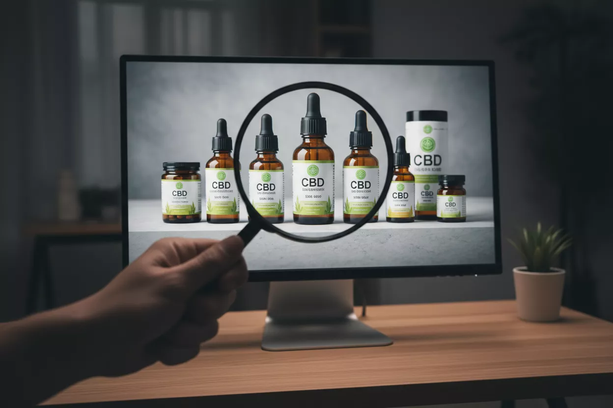 Une loupe mise sur des flacons de CBD présentés sur un écran d'ordinateur, symbolisant la vigilance nécessaire lors d'un achat en ligne.