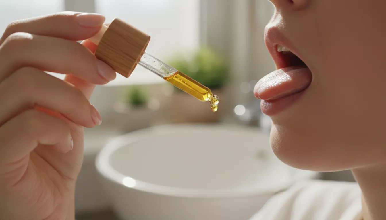Une main dépose délicatement une goutte d'huile de CBD sous la langue, symbolisant une routine de bien-être discrète et efficace.