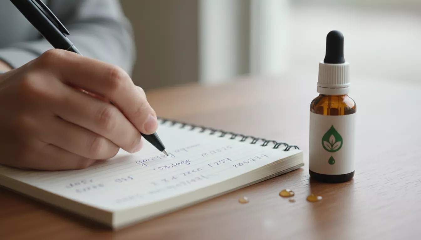 Une main écrivant dans un carnet avec un stylo, à côté d'une petite bouteille d'huile de CBD, symbolisant le suivi attentif du dosage.