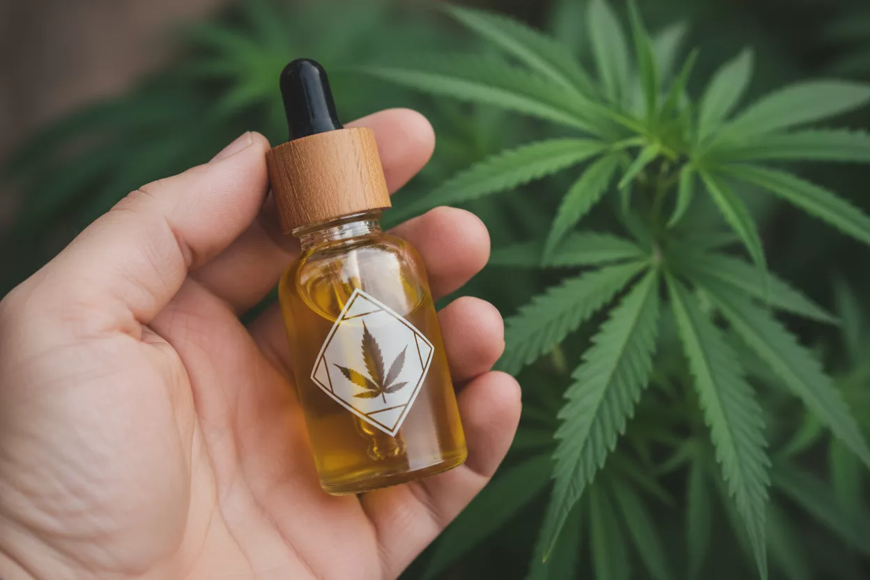 Une main tenant une fiole d'huile de CBD, avec des feuilles de chanvre en arrière-plan flou, symbolisant la confiance et la sélection rigoureuse.