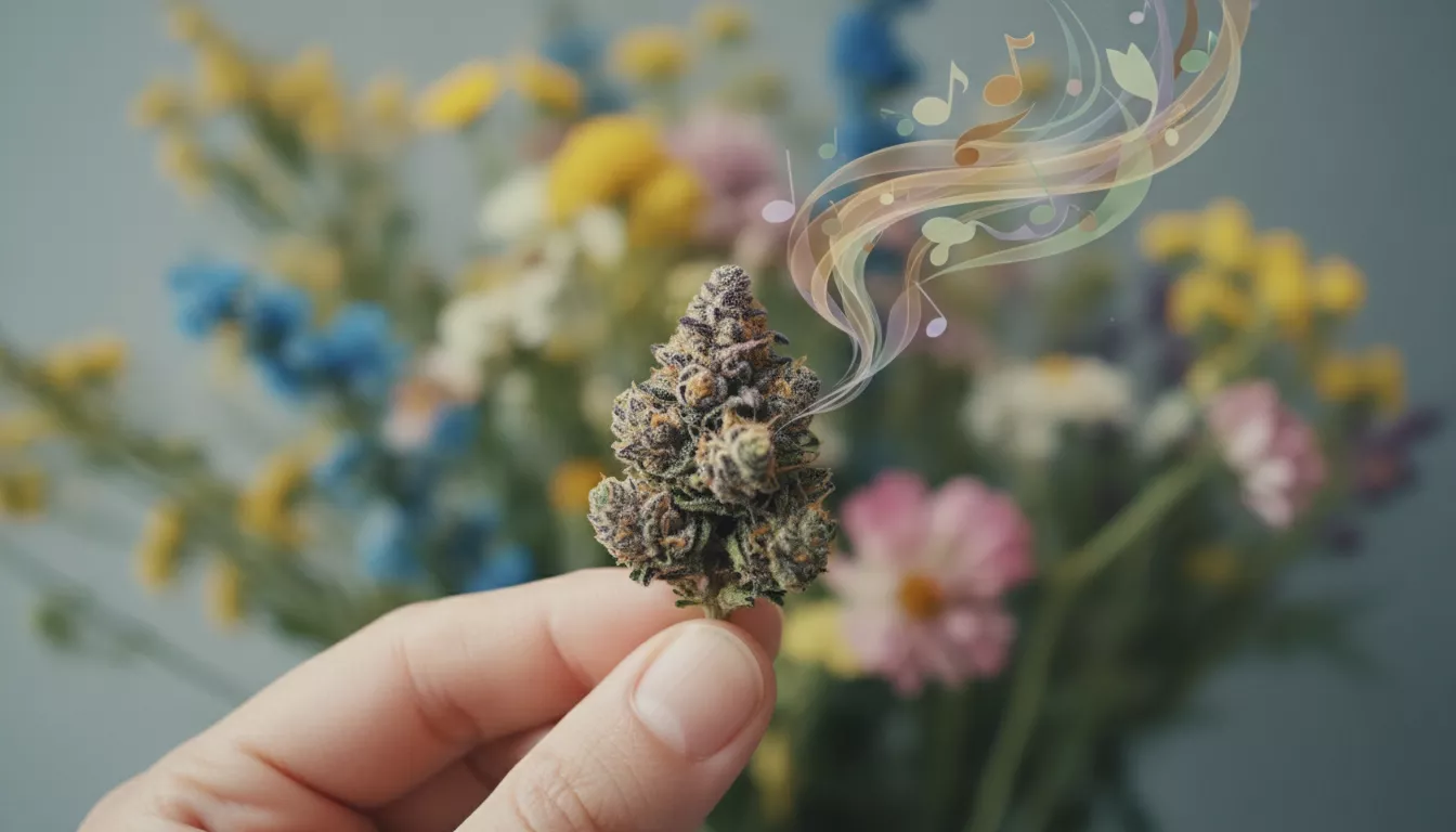 Une main tenant une fleur de CBD délicatement, avec un flou artistique d'autres fleurs en arrière-plan et des notes aromatiques stylisées s'élevant, évoquant la diversité des parfums.