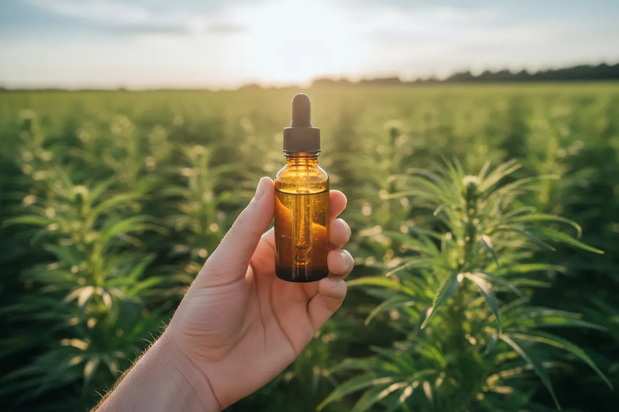 Une main tenant une petite fiole d'huile de CBD, avec un champ de chanvre verdoyant flou en arrière-plan sous un soleil doux, symbolisant la naturalité et la légalité.