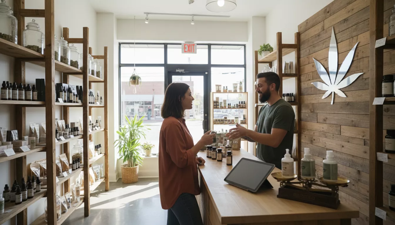 Une personne discutant avec un vendeur dans une boutique de CBD lumineuse, des produits variés sont exposés sur des étagères en bois.