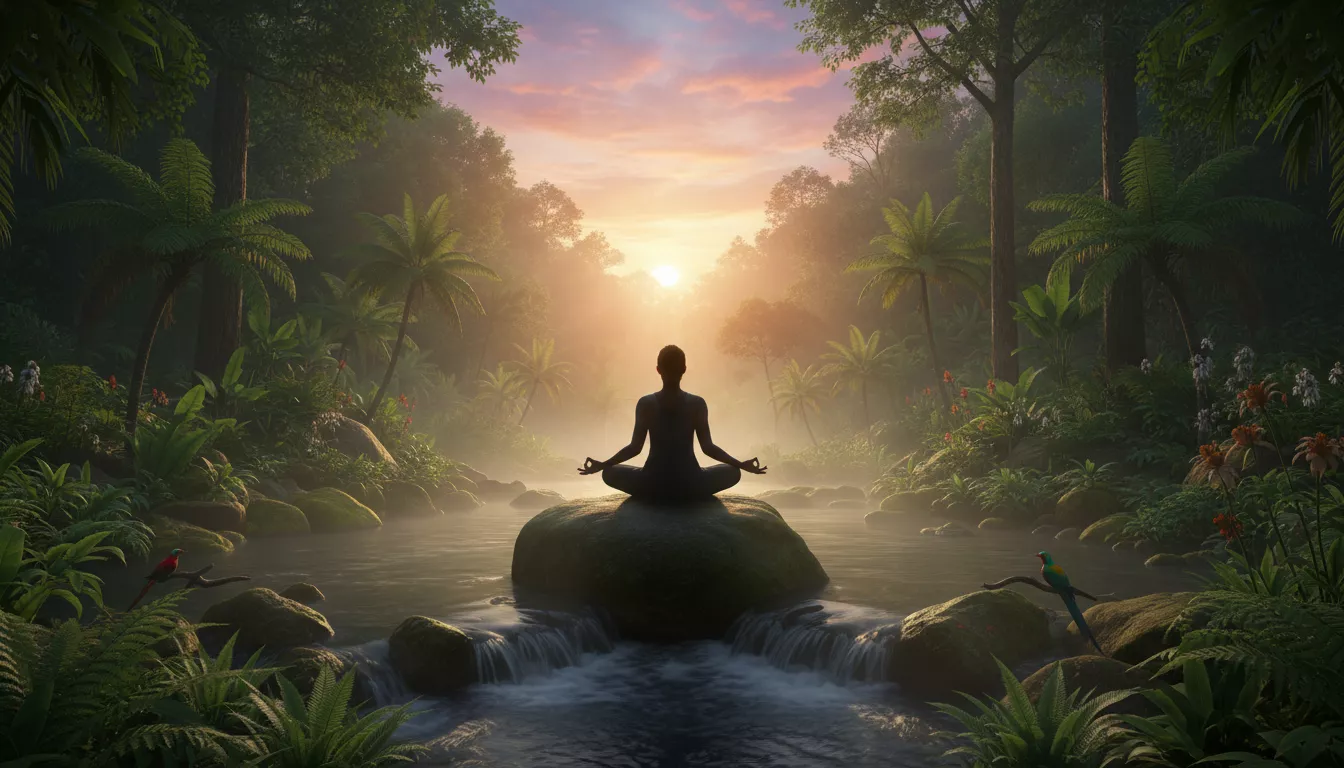 Une personne méditant calmement au lever du soleil dans un environnement naturel luxuriant, symbolisant la paix intérieure et l'équilibre quotidien.