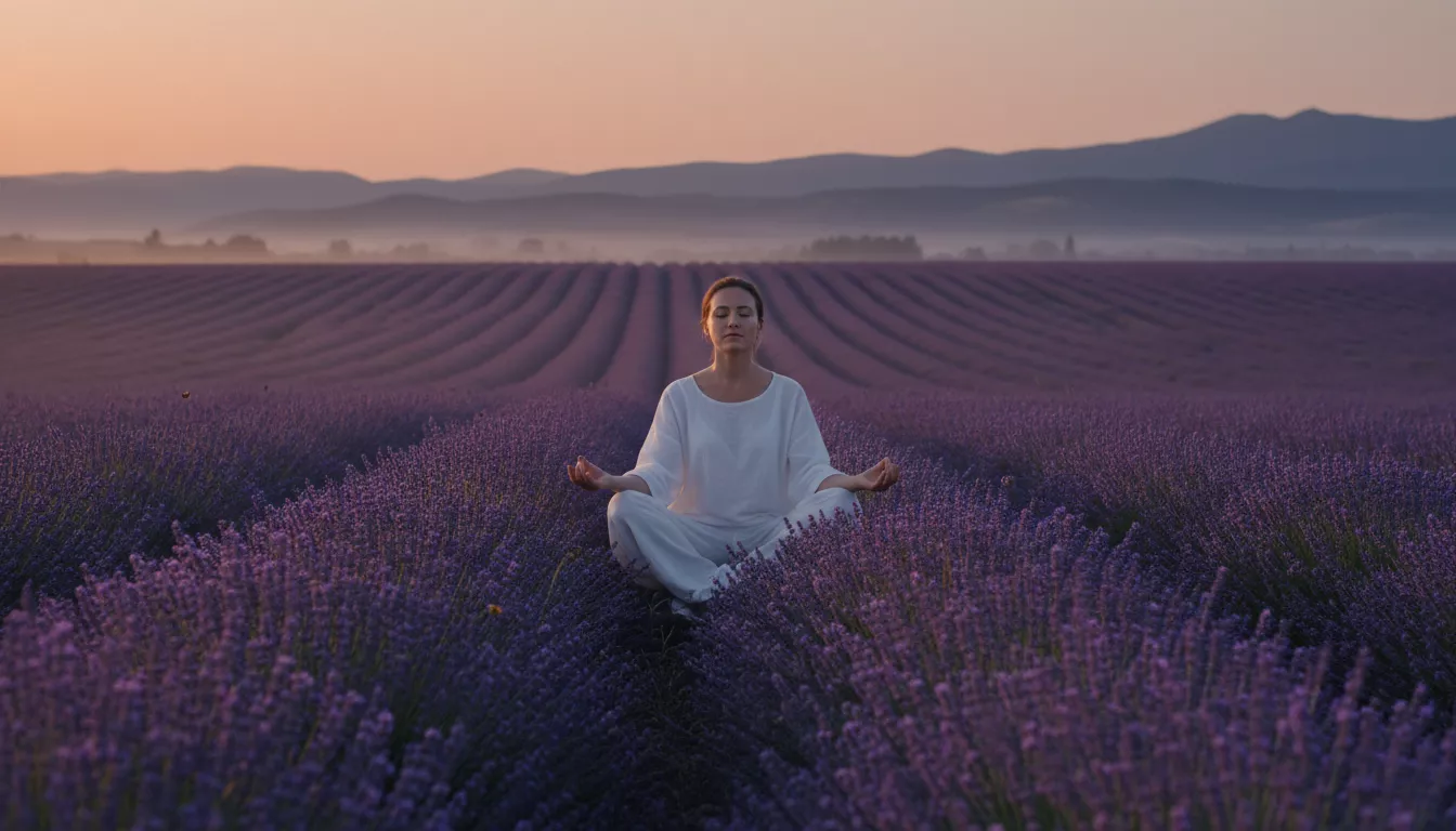 Une personne méditant calmement dans un champ de lavande au crépuscule, évoquant la paix intérieure