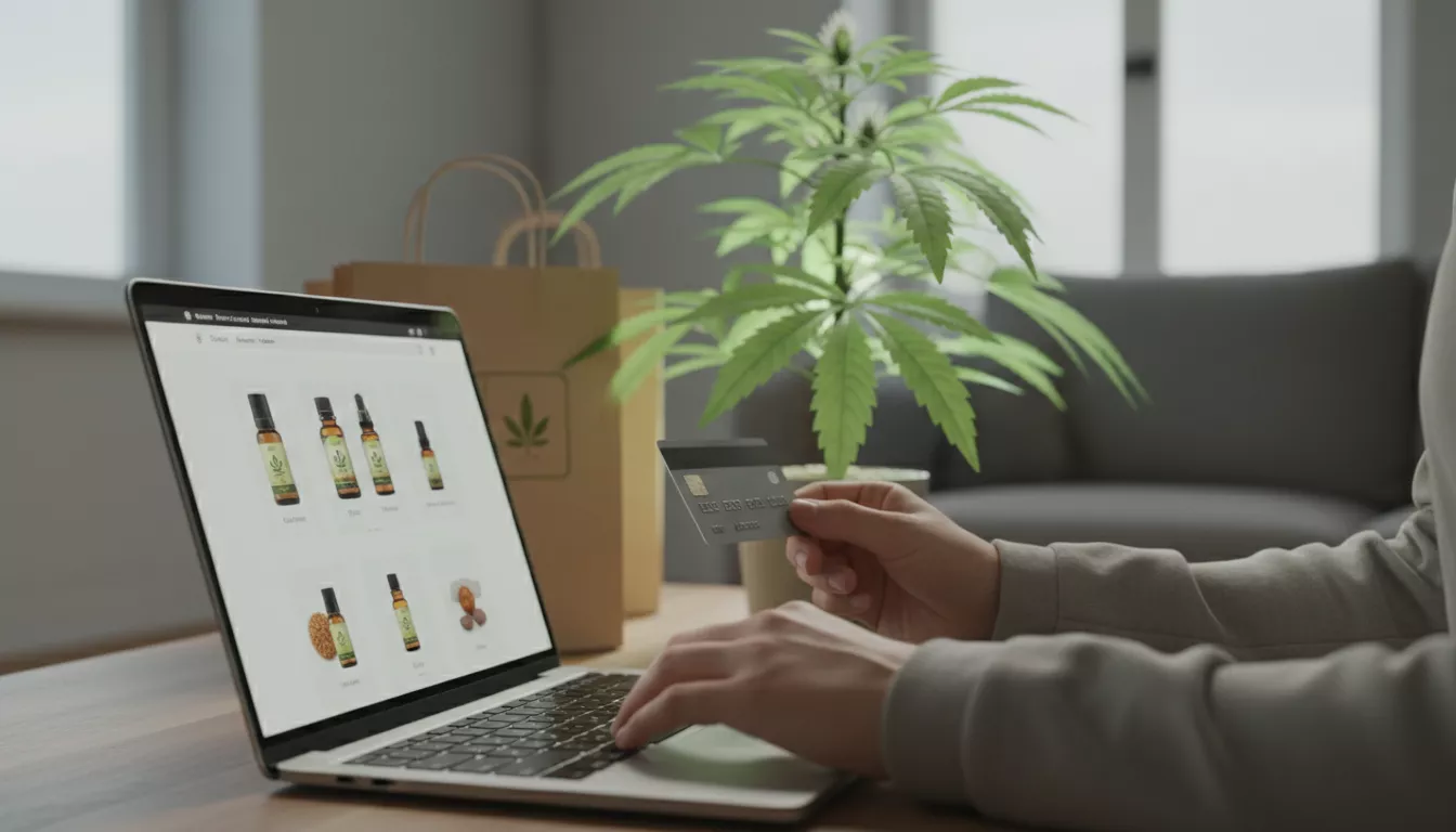 Une personne naviguant sur un site de vente de CBD en ligne sur un ordinateur portable, avec une carte de crédit et une plante de CBD stylisée en arrière-plan.