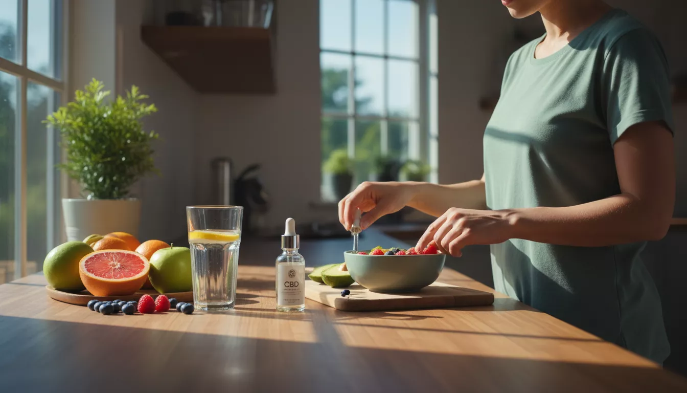 Une personne préparant son petit déjeuner sain le matin, avec un flacon de CBD à côté d'un verre d'eau et de fruits frais, symbolisant une routine de bien-être matinale.