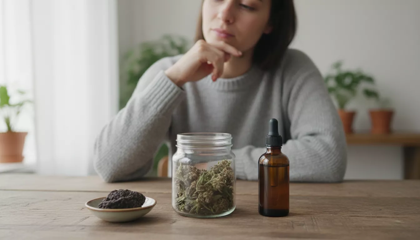 Une personne réfléchissant, le doigt sur le menton, devant une table où sont disposés plusieurs produits CBD : des fleurs dans un bocal, une bouteille d'huile, et une résine sur une coupelle, illustrant le processus de choix.