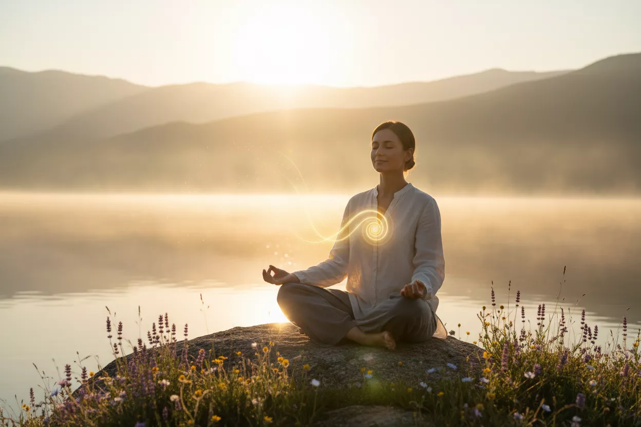 Une personne sereine méditant au lever du soleil dans un paysage paisible, symbolisant le soulagement du stress et de l'anxiété.