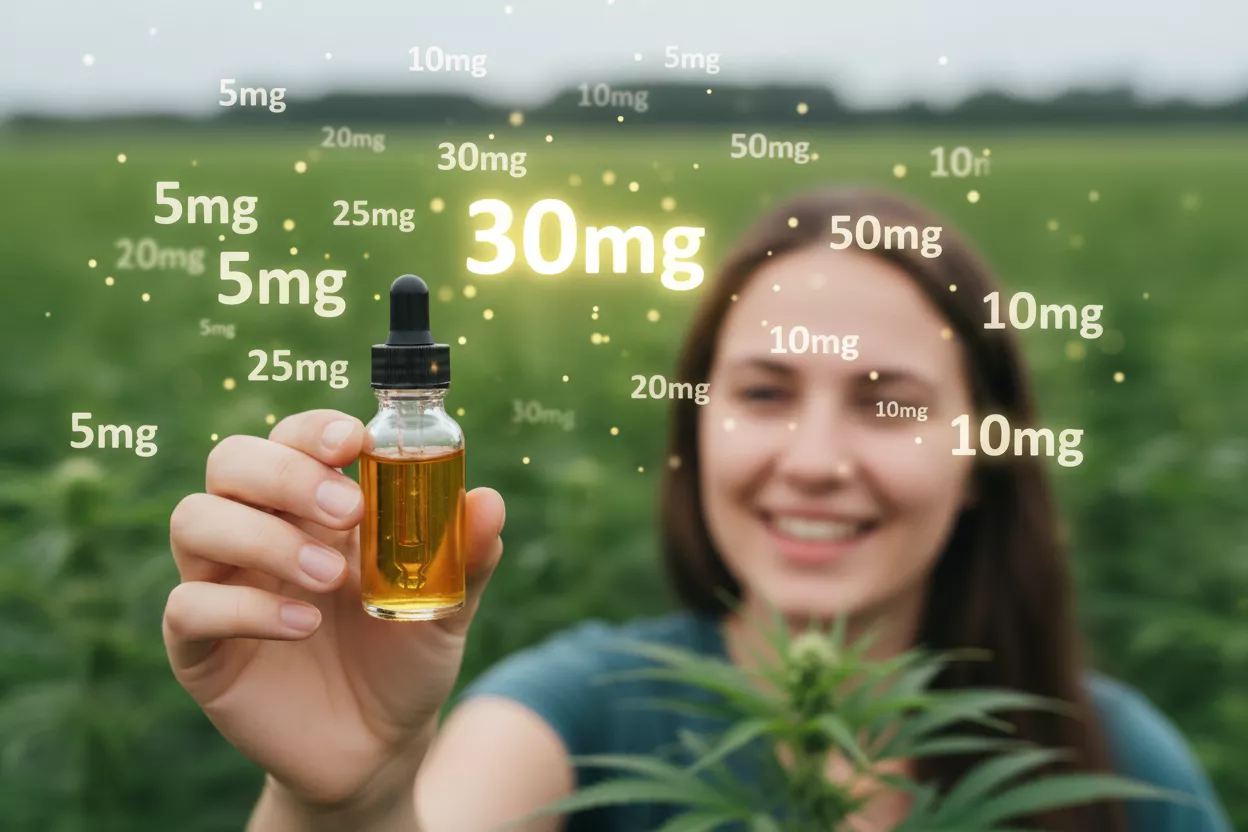 Une personne souriante tenant une fiole d'huile de CBD, avec un fond flou de plantes de chanvre et des chiffres indiquant des dosages variés, symbolisant la découverte du dosage optimal de CBD.