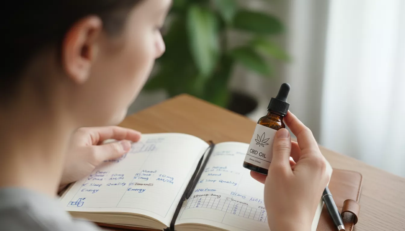 Une personne tenant une petite bouteille d'huile de CBD, regardant un journal de bord avec des notes manuscrites, symbolisant le suivi attentif de son dosage de CBD.