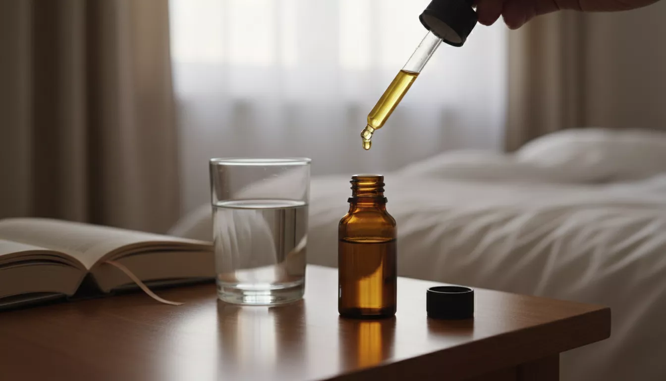 Une pipette remplie d'huile de CBD au-dessus d'une petite bouteille ambrée, placée sur une table de chevet avec un verre d'eau et un livre ouvert.