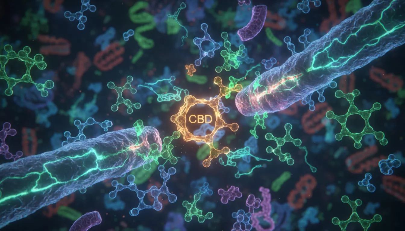 Une représentation microscopique de molécules du corps interagissant avec une molécule de CBD, illustrant la complexité de son action au niveau cellulaire.