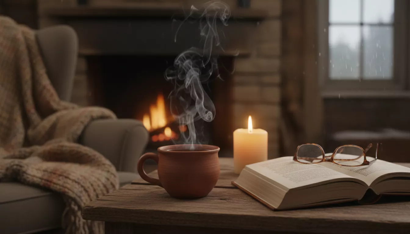 Une tasse de tisane fumante posée sur une table en bois près d'une bougie allumée, avec un livre ouvert et une ambiance chaleureuse pour la relaxation