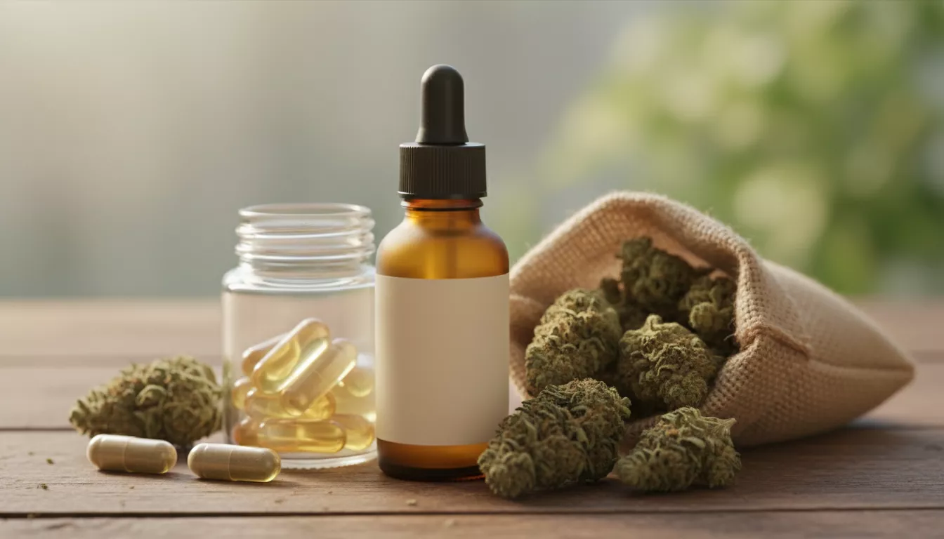 Une variété de produits CBD posés sur une table, incluant une bouteille d'huile, des capsules et des fleurs séchées, illustrant les différentes formes de consommation.