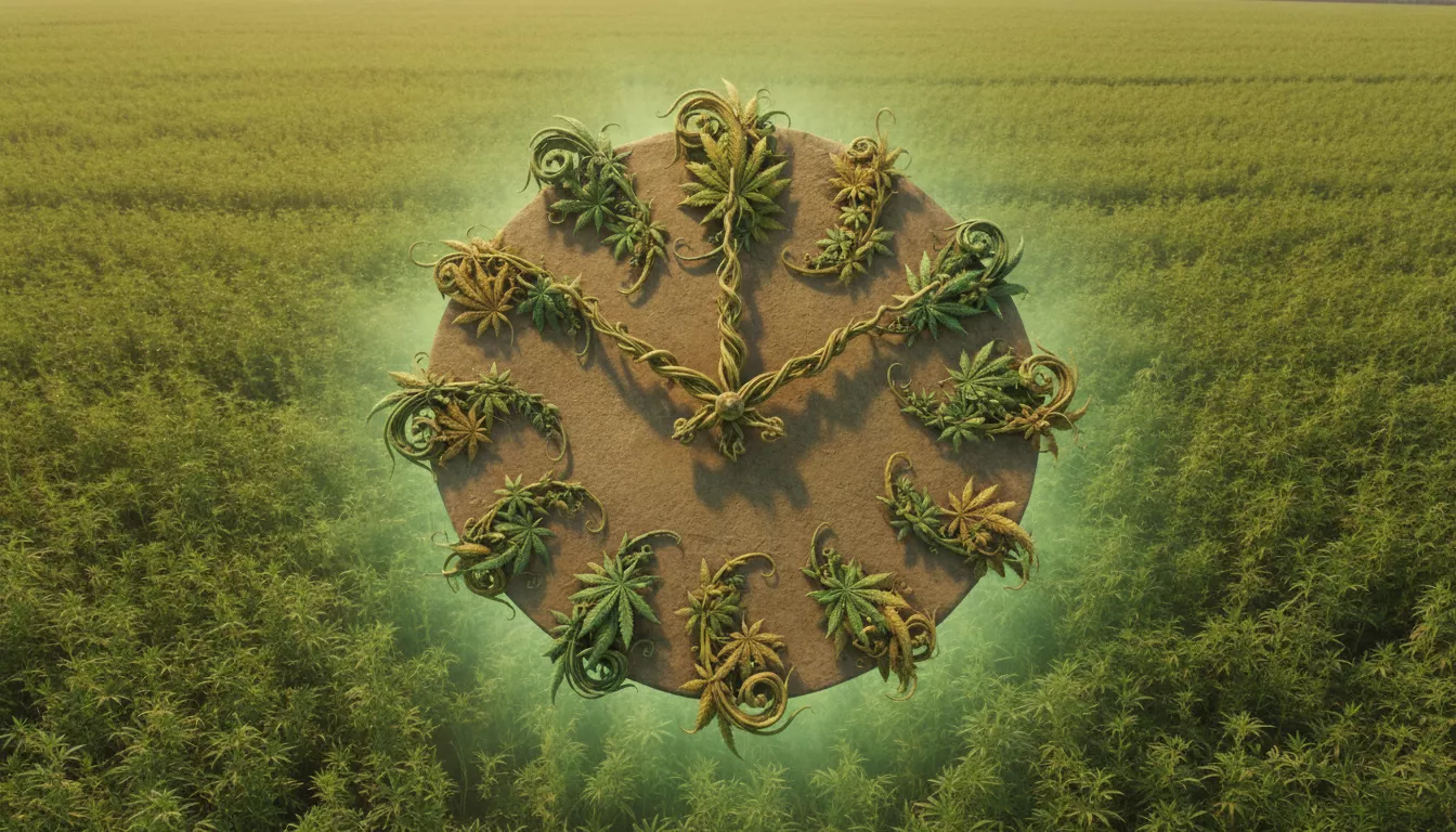 Vue aérienne d'une horloge dont les chiffres se transforment en feuilles de chanvre, symbolisant le temps et les effets du CBD.