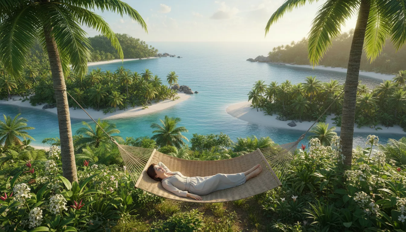 Vue aérienne d'une personne allongée paisiblement dans un hamac, entourée d'une nature verdoyante et sereine, symbolisant la détente.