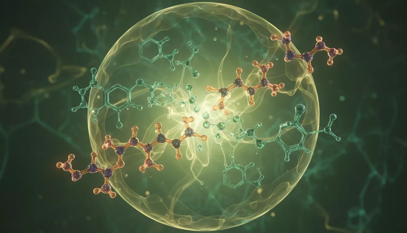 Vue conceptuelle de molécules de cannabinoïdes et de terpènes s'assemblant harmonieusement, symbolisant l'interaction complexe des composés du chanvre.