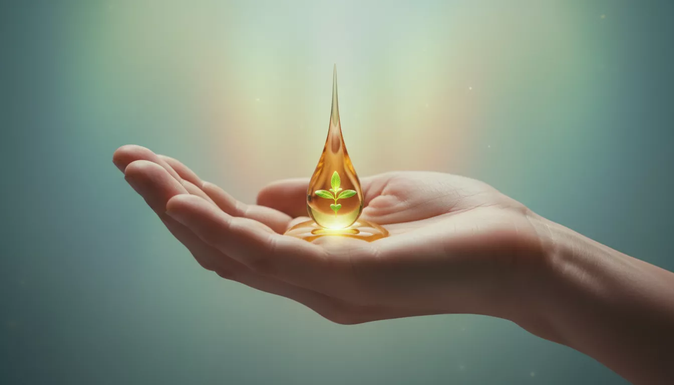 Vue conceptuelle d'une main humaine tenant une goutte d'huile de CBD, symbolisant l'espoir et le soulagement naturel de la douleur.