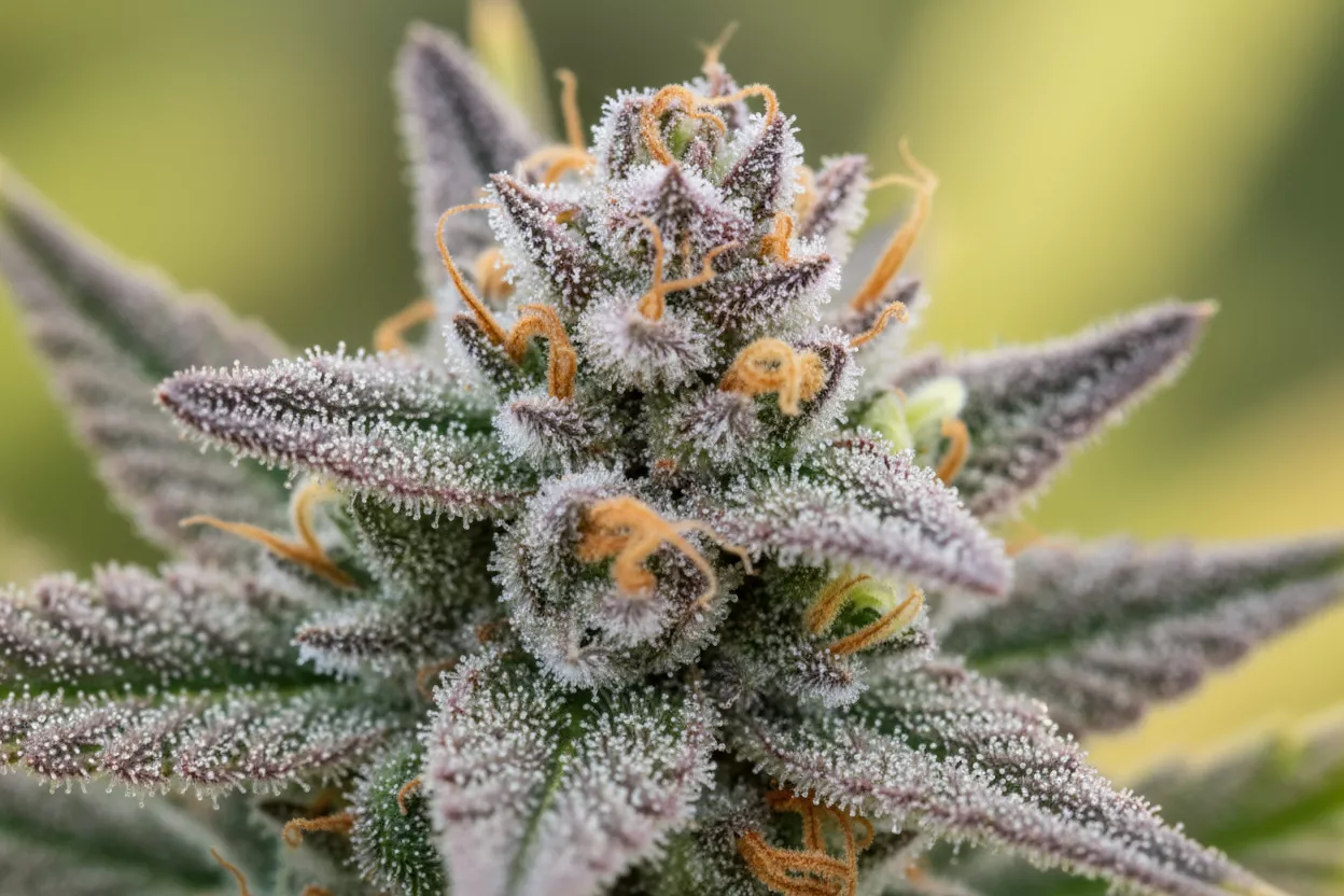 Vue macro d'une fleur de chanvre riche en trichomes, symbolisant la concentration et la pureté des composés actifs du CBD pour la santé.