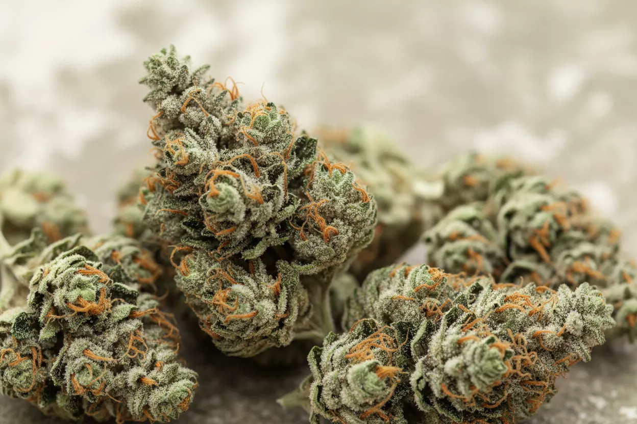 Vue rapprochée de fleurs de CBD séchées aux teintes vertes et orangées sur un fond doux, symbolisant la qualité et la naturalité du produit.